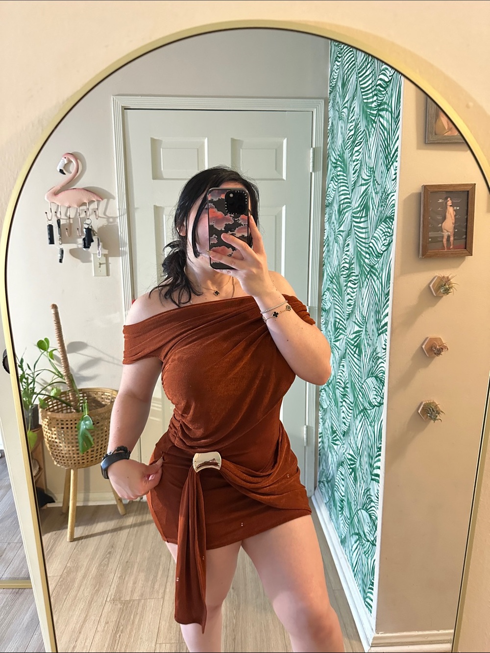 Micas Off-Shoulder Rust Orange Wrap Mini Dress